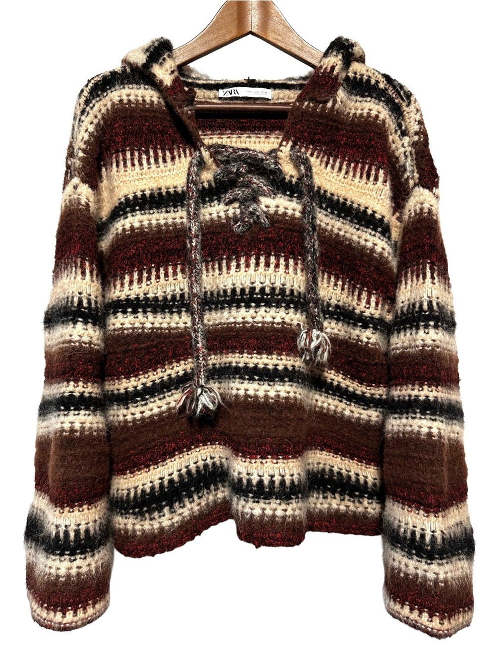 Zara Alpaca Wool Hooded Lace Up Striped Sweater Boho Western Cozy S